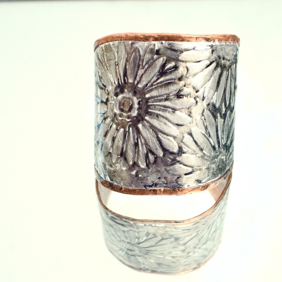 Sunflower Wide Cuff Solid Copper Silver Bracelet Boho Rustic Gladiator Spartan - Picture 7 of 14